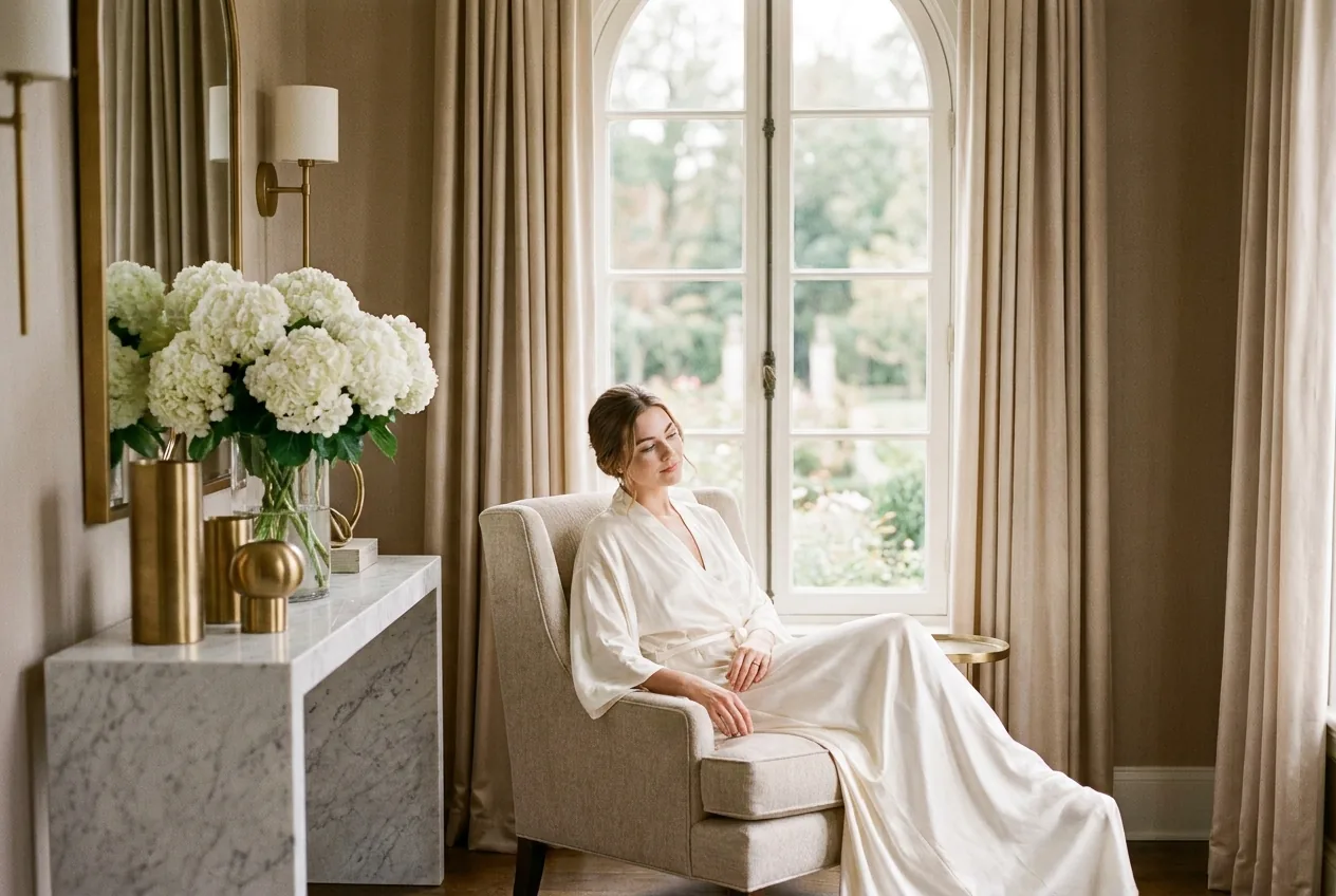 Serene woman in ivory silk by a window